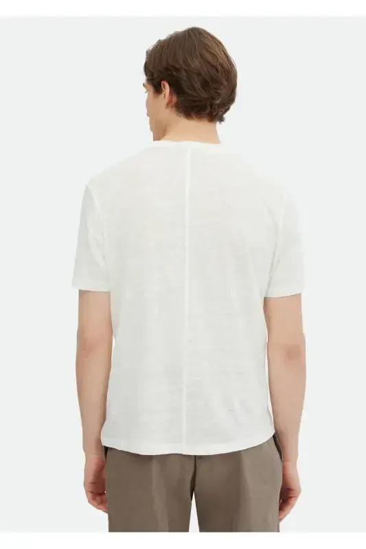 Ecru Plain Crew Neck 100% Linen T-Shirt - 5