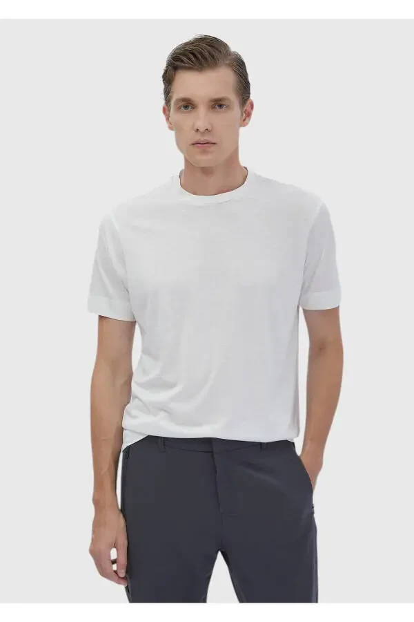 Ecru Plain Crew Neck Cotton Blend T-Shirt - 1