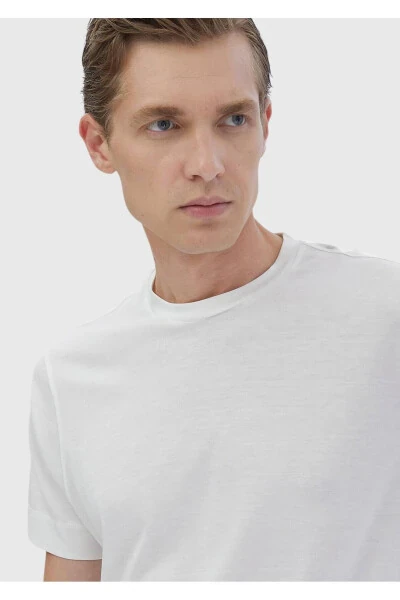 Ecru Plain Crew Neck Cotton Blend T-Shirt - 4