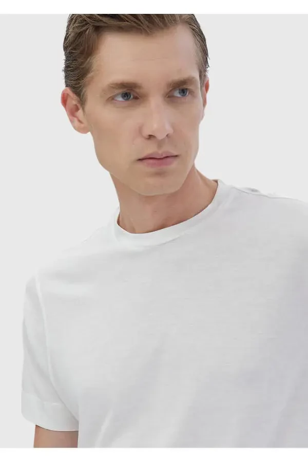 Ecru Plain Crew Neck Cotton Blend T-Shirt - 4