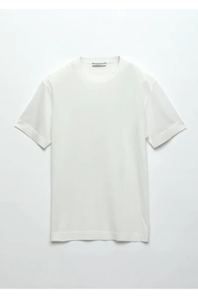 Ecru Plain Crew Neck Cotton Blend T-Shirt - 6