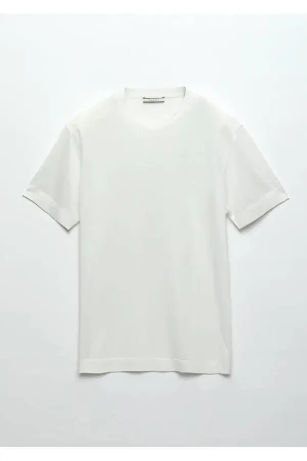 Ecru Plain Crew Neck Cotton Blend T-Shirt - 6
