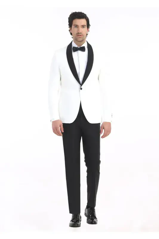 Ecru Plain Modern Fit Shawl Collar Woven Tuxedo Suit - RAMSEY