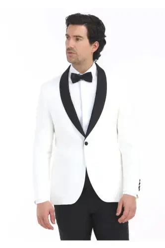 Ecru Plain Modern Fit Shawl Collar Woven Tuxedo Suit - RAMSEY (1)