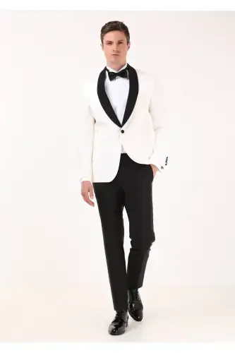 Ecru Plain Modern Fit Shawl Collar Woven Tuxedo Suit - 1