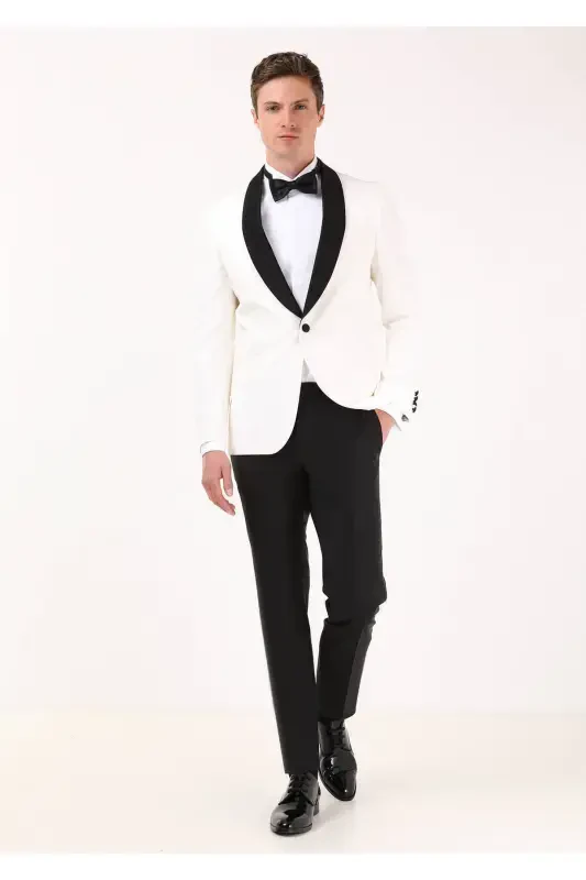 Ecru Plain Modern Fit Shawl Collar Woven Tuxedo Suit - 1