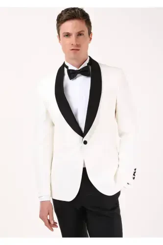 Ecru Plain Modern Fit Shawl Collar Woven Tuxedo Suit - 3