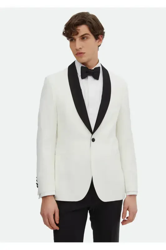 Ecru Plain Modern Fit Shawl Collar Woven Tuxedo Suit - 1