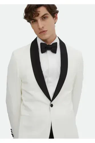 Ecru Plain Modern Fit Shawl Collar Woven Tuxedo Suit - 3
