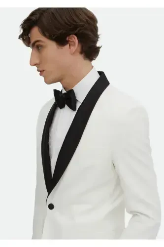 Ecru Plain Modern Fit Shawl Collar Woven Tuxedo Suit - 4