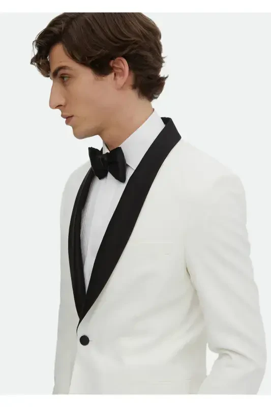 Ecru Plain Modern Fit Shawl Collar Woven Tuxedo Suit - 4