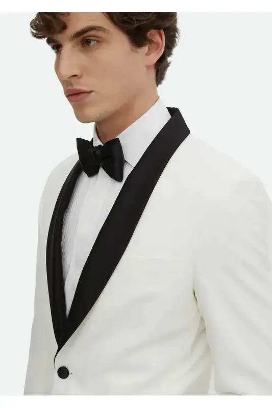 Ecru Plain Modern Fit Shawl Collar Woven Tuxedo Suit - 5