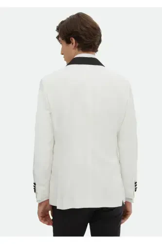 Ecru Plain Modern Fit Shawl Collar Woven Tuxedo Suit - 6