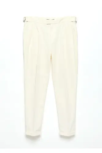 Ecru Plain Weave Carrot Fit Casual Cotton Blend Trousers - 6