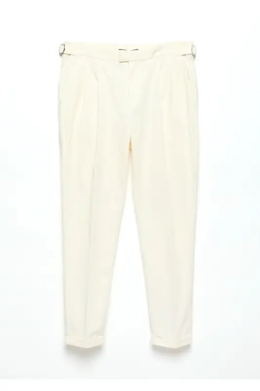 Ecru Plain Weave Carrot Fit Casual Cotton Blend Trousers - 6