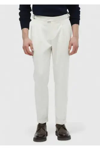 Ecru Plain Weave Carrot Fit Casual Cotton Blend Trousers - RAMSEY (1)