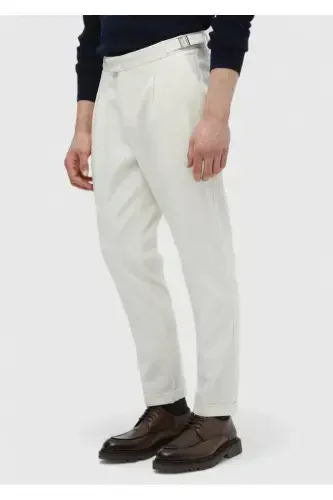 Ecru Plain Weave Carrot Fit Casual Cotton Blend Trousers - 3