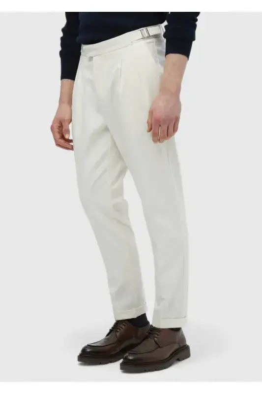 Ecru Plain Weave Carrot Fit Casual Cotton Blend Trousers - 3