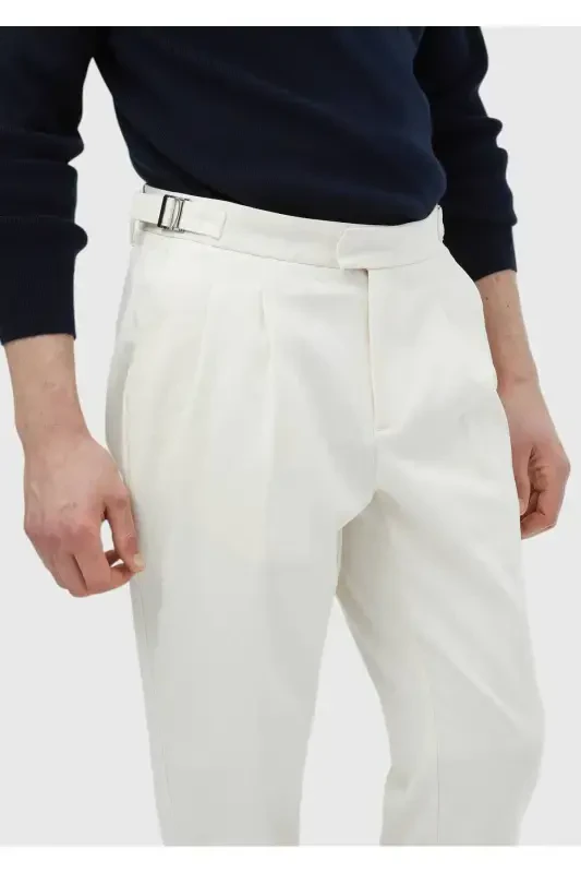 Ecru Plain Weave Carrot Fit Casual Cotton Blend Trousers - 4