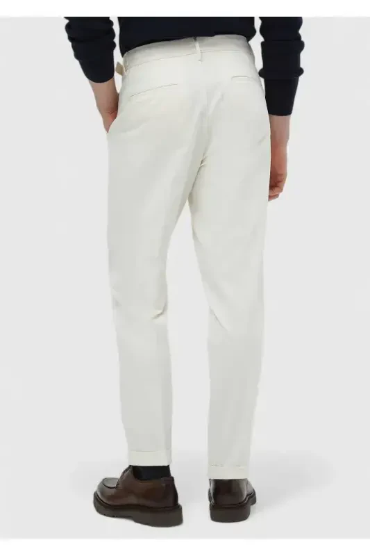 Ecru Plain Weave Carrot Fit Casual Cotton Blend Trousers - 5