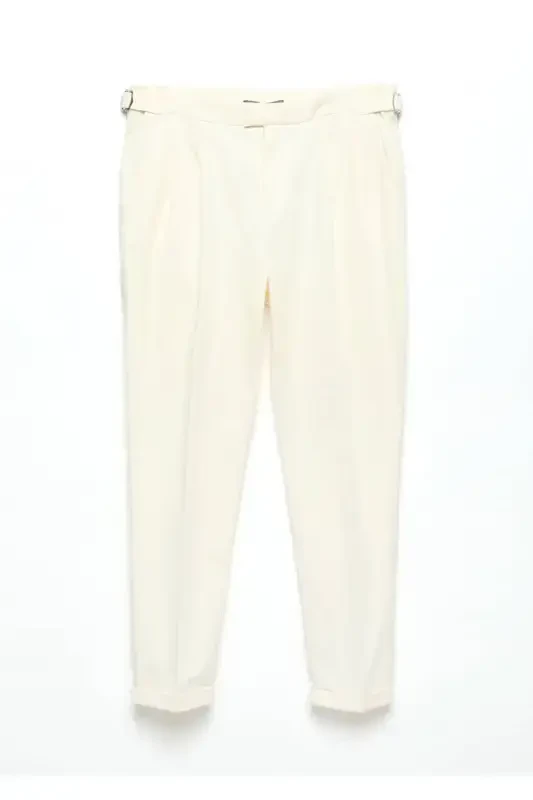 Ecru Plain Weave Carrot Fit Casual Cotton Blend Trousers - 6