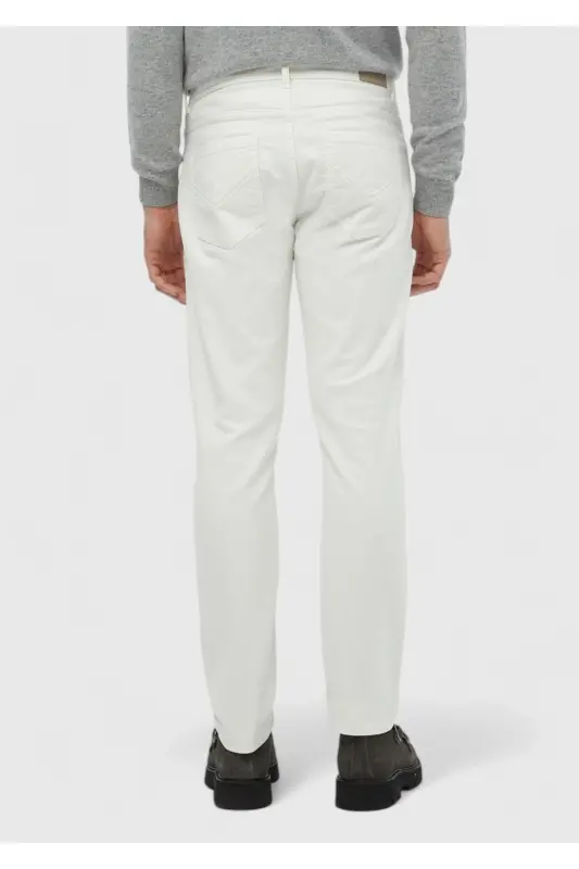 Ecru Plain Weave Slim Fit Casual Cotton Blend Trousers - 5