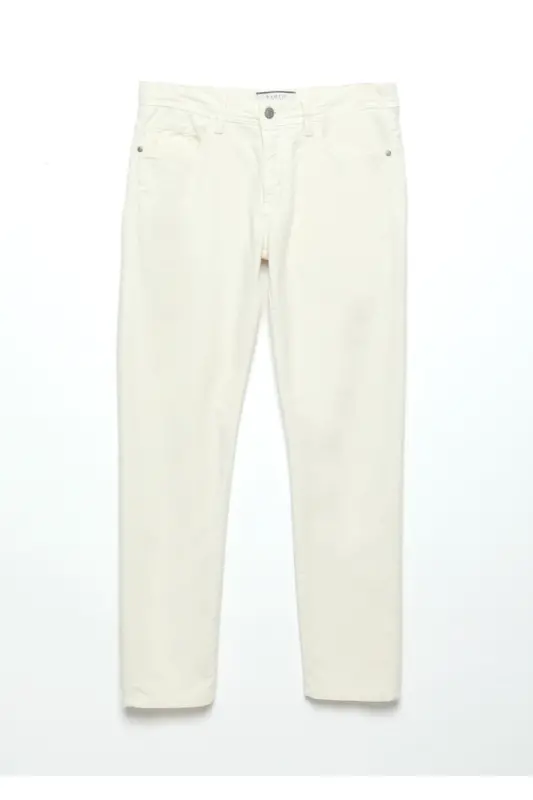 Ecru Plain Weave Slim Fit Casual Cotton Blend Trousers - 6