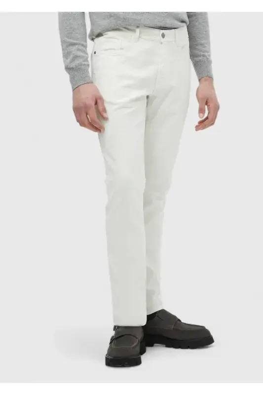Ecru Plain Weave Slim Fit Casual Cotton Blend Trousers - 3