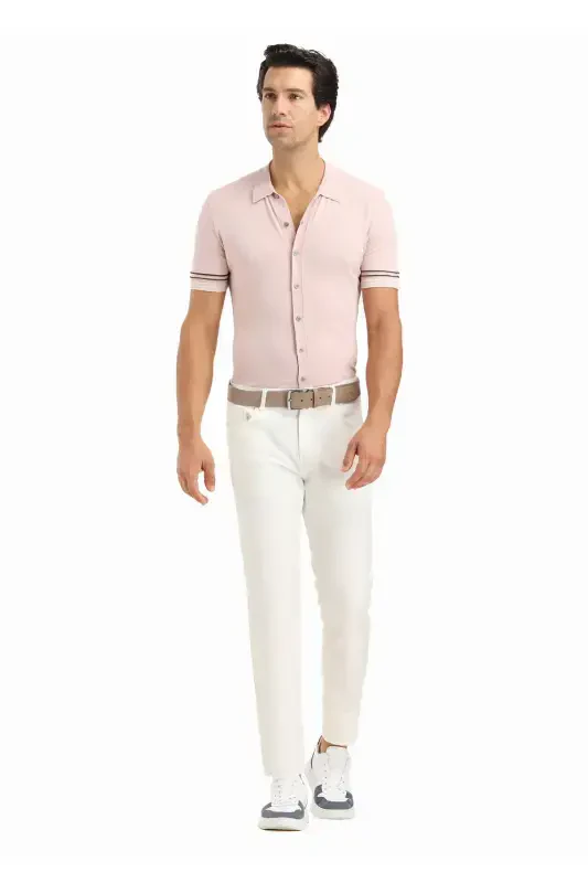 Ecru Plain Weave Slim Fit Casual Cotton Blend Trousers - RAMSEY