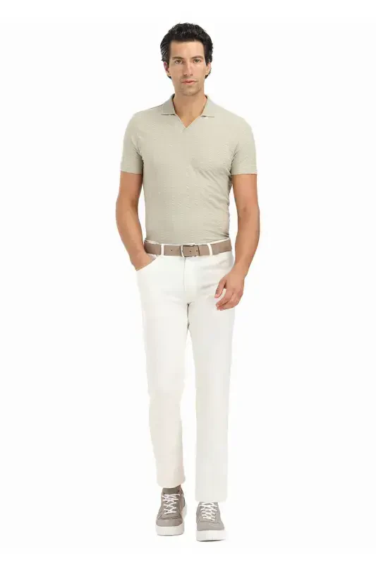 Ecru Plain Weave Slim Fit Casual Cotton Blend Trousers - 4