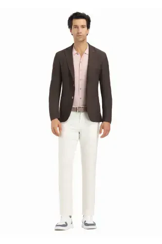 Ecru Plain Weave Slim Fit Casual Cotton Blend Trousers - 6
