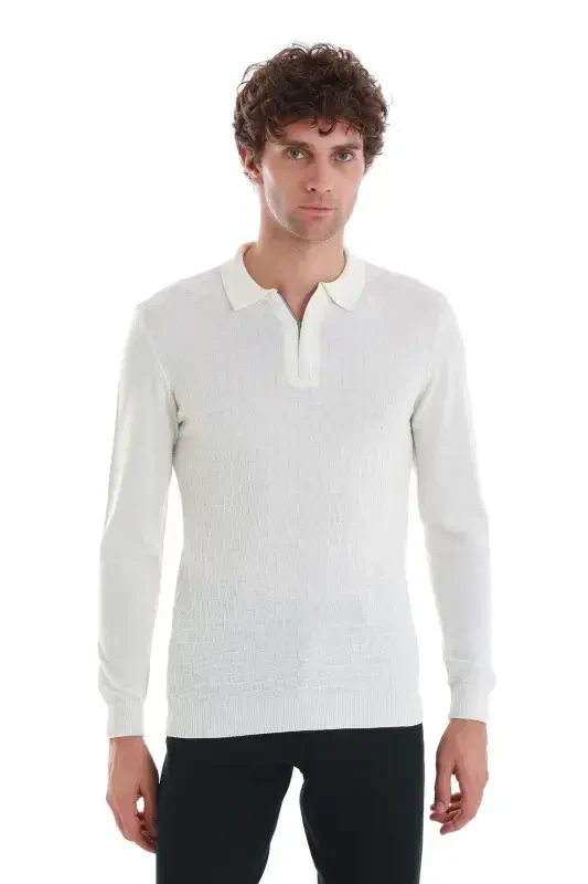 Ecru Regular Fit Jacquard Polo Collar Wool Knit Sweater - HATEMOĞLU