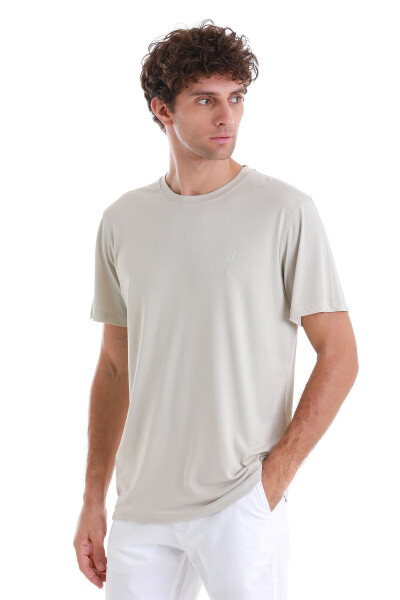Ecru Regular Fit Plain Crew Neck Knit T-Shirt-Ec - 3