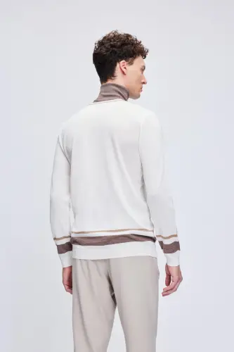 Ecru Regular Fit Striped Turtleneck Wool Knitwear - 1