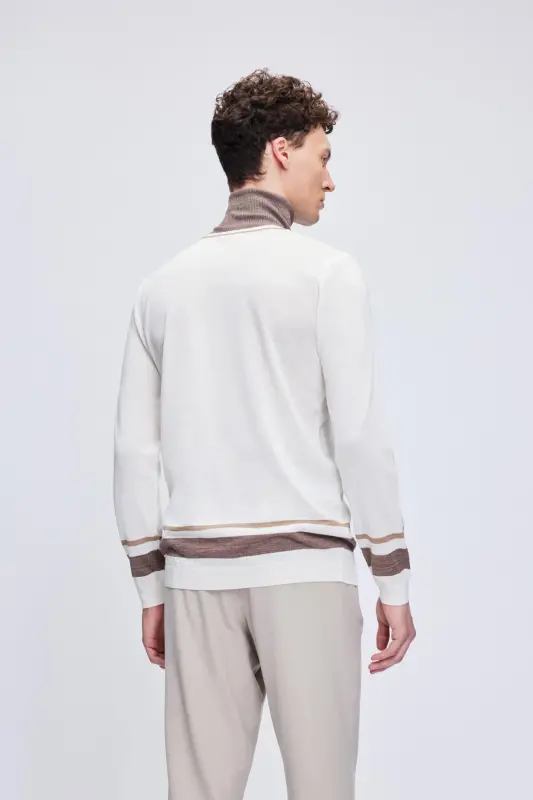 Ecru Regular Fit Striped Turtleneck Wool Knitwear - 1