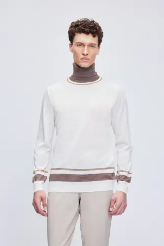 Ecru Regular Fit Striped Turtleneck Wool Knitwear - HATEMOĞLU (1)