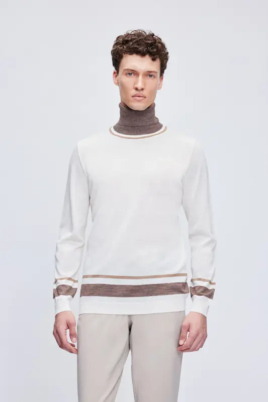 Ecru Regular Fit Striped Turtleneck Wool Knitwear - 2