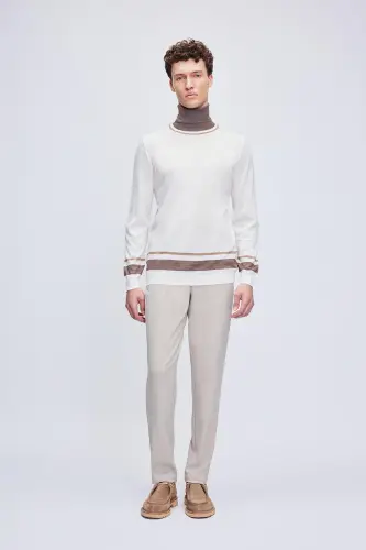 Ecru Regular Fit Striped Turtleneck Wool Knitwear - 4