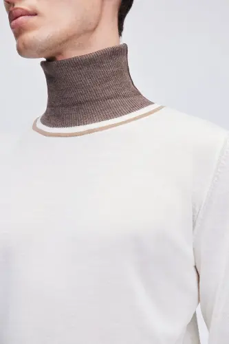 Ecru Regular Fit Striped Turtleneck Wool Knitwear - 5