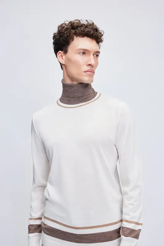 Ecru Regular Fit Striped Turtleneck Wool Knitwear - 3