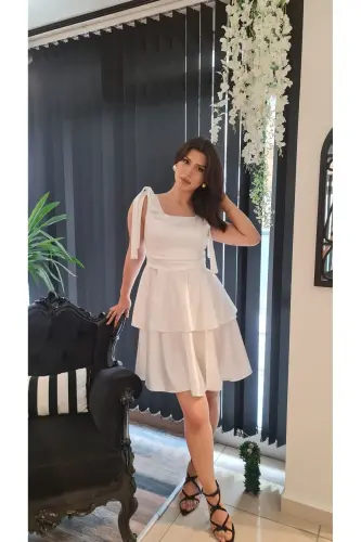 Ecru Satin Square Neck, Sleeveless, Shoulder Bow Engagement Graduation Dress-ecru - 4