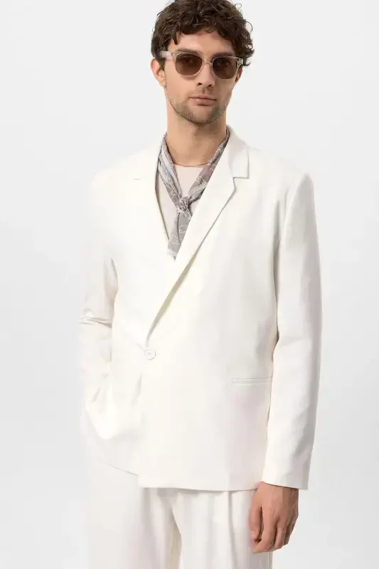 Ecru Single Button Double Breasted Closure Men's Blazer - Ecru - ANTIOCH