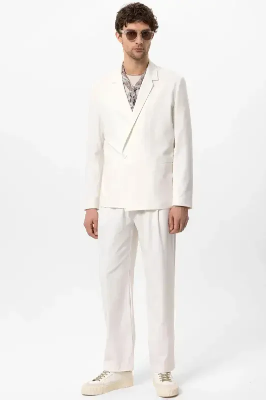 Ecru Single Button Double Breasted Closure Men's Blazer - Ecru - 3