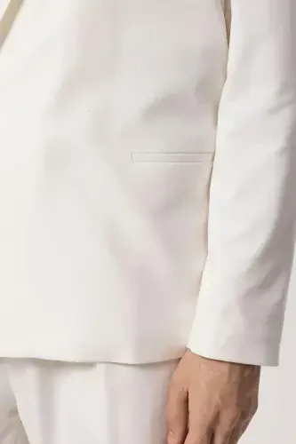 Ecru Single Button Double Breasted Closure Men's Blazer - Ecru - 5