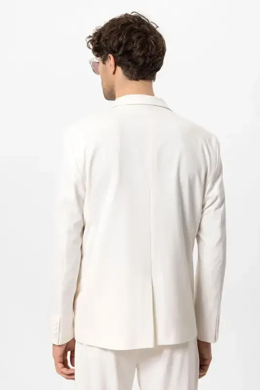 Ecru Single Button Double Breasted Closure Men's Blazer - Ecru - 6