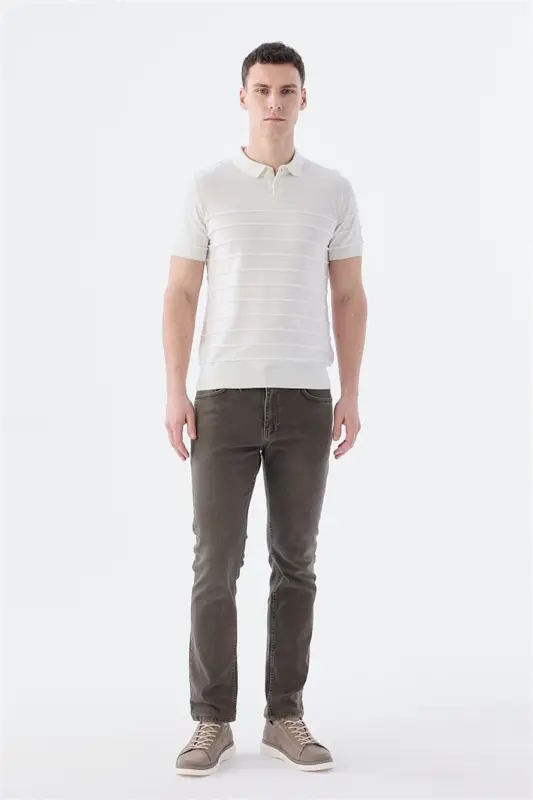 Ecru Slim Fit Button-Down Polo Neck T-Shirt - 1