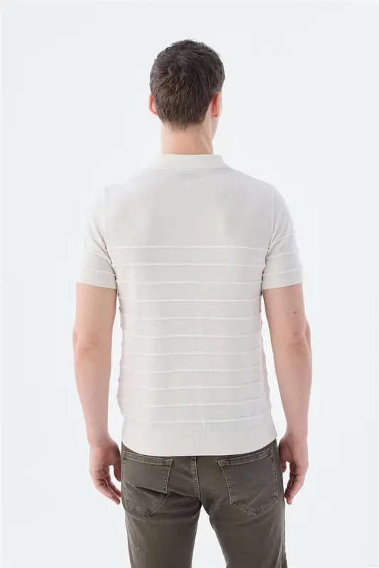 Ecru Slim Fit Button-Down Polo Neck T-Shirt - 4