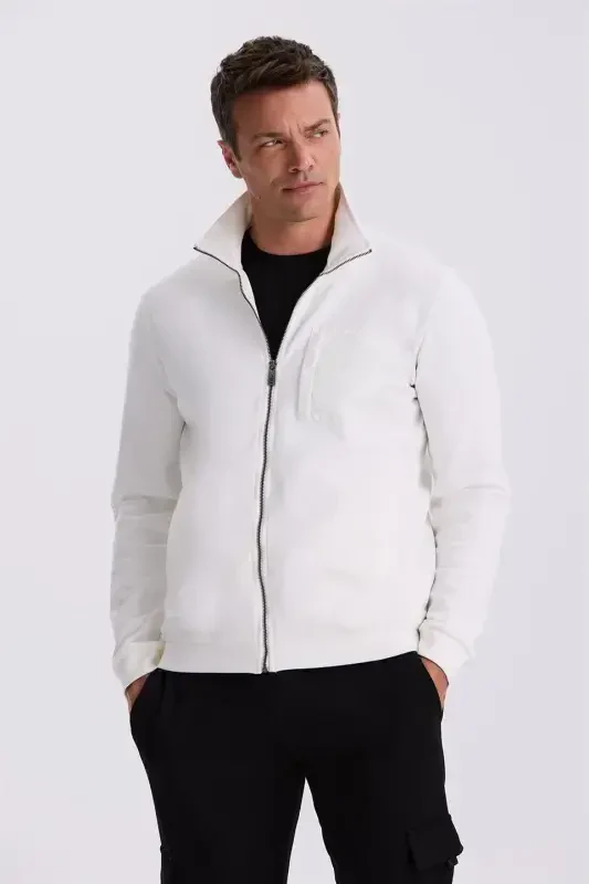 Ecru Slim Fit Cotton Lycra Zippered Sweatshirt Top - 2