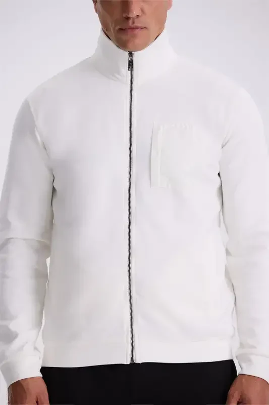 Ecru Slim Fit Cotton Lycra Zippered Sweatshirt Top - 3