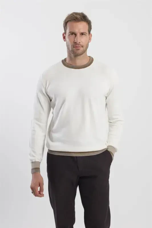 Ecru Slim Fit Crew Neck Knitted Sweater - 1